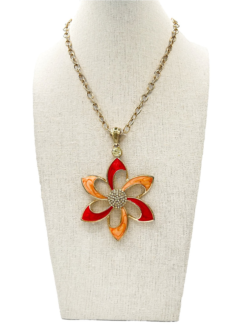 Vintage Statement Flower Pendant Necklace Enamel Rhinestone Pinwheel Floral
